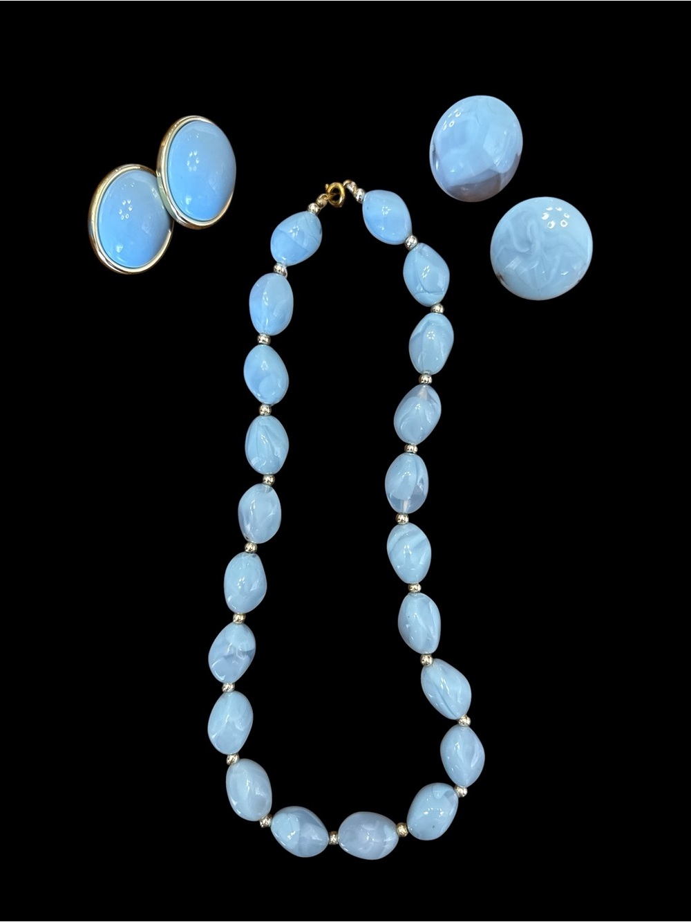 Vintage Blue Marbled Beaded Necklace & 2 Earring Sets Gold Tone
